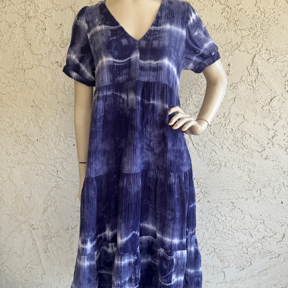 MADEWELL x WARM Dress Purple Blue Tie Dye Midi Heavy 100% Cotton Gauze Size M